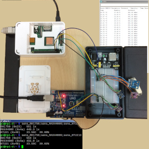 RPi, Arduino and breadboard with sensors